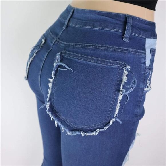 Women's Slim High Waisted Patched Hippie Wide Leg Denim Flared Bell Denim Pants - Picture 4 of 6